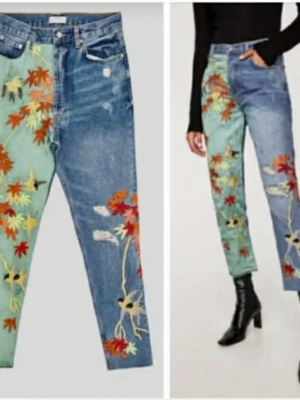 Zara Premium High-waist Cropped Denim and Satin Embroidery Panel Jeans